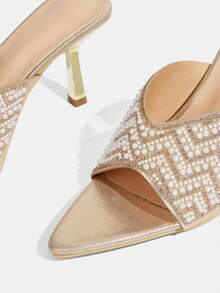 CUCCOO TILAWA Women's Light Gold Full Rhinestone & Pearl Fan-Shaped High Heel Sandals, Party Style Open Toe Stiletto Heels - Light gold - View 10