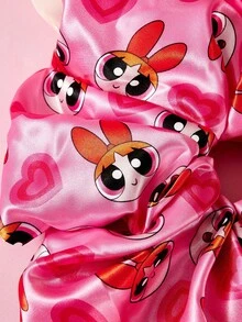 THE POWERPUFF GIRLS X SHEIN 單包裝可愛時尚亮面緞面柔軟大號大腸圈卡通印花髮圈，適合居家或外出使用，高馬尾 - 桃粉 - 查看 5