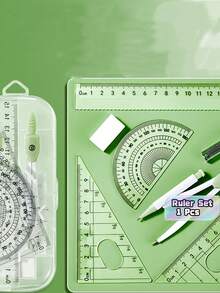 Juego de 8 piezas de compás y regla para dibujo de exámenes estudiantiles, kit de herramientas matemáticas de geometría multifuncional con compás, reglas, recambios de goma de borrar y caja de almacenamiento para útiles escolares - Multicolor - Ver 1
