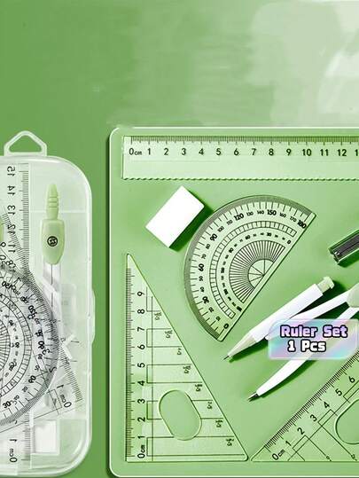 Juego de 8 piezas de compás y regla para dibujo de exámenes estudiantiles, kit de herramientas matemáticas de geometría multifuncional con compás, reglas, recambios de goma de borrar y caja de almacenamiento para útiles escolares