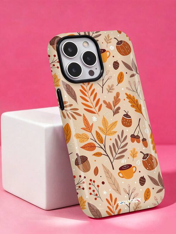ShellaStory Autumn Leaf Acorn Coffee Illustration Phone Case - Thickened Anti-Slip Phone Case Compatible With IPhone 11, 12, 13, 14, 15, 16, 17 Pro Max, A16, A17, A15, A14, A55, A56, A35, A36, S22, 23, S24, S25, A17, A37, A57