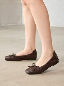 MOTF WOMEN'S BROWN LEATHER BOW BALLET FLATS, SOFT SQUARE TOE SLIP-ON FLAT SHOES FOR DAILY & OFFICE FALL SHOES - Coffee Brown - View 6