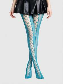 ROMWE Goth Sexy Lady Ripped Fishnet Black Tights - Cave lake blue - View 2