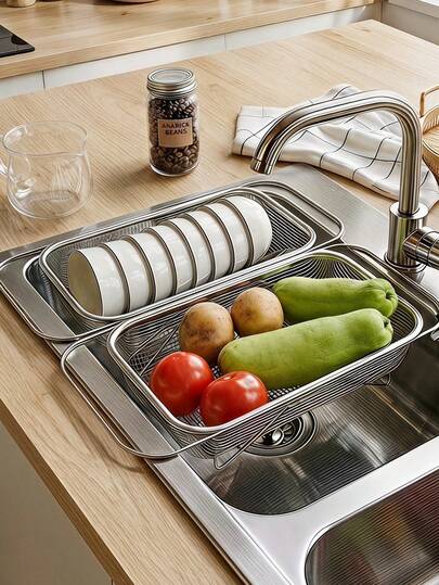 Haus Hana Stainless Steel Drain Basket, Thickened Single Sink, Extendable Vegetable Washing Basin, Large Household Kitchen Sink, Filter Rack
