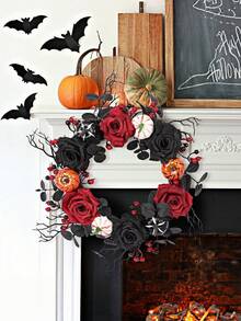 1pc Black Halloween Wreath With Twig Pine Needle & Pumpkin Decor, Gothic Door Hanging Circle For Party Halloween, Fall Front Porch Home Decoration - multicolor - View 7
