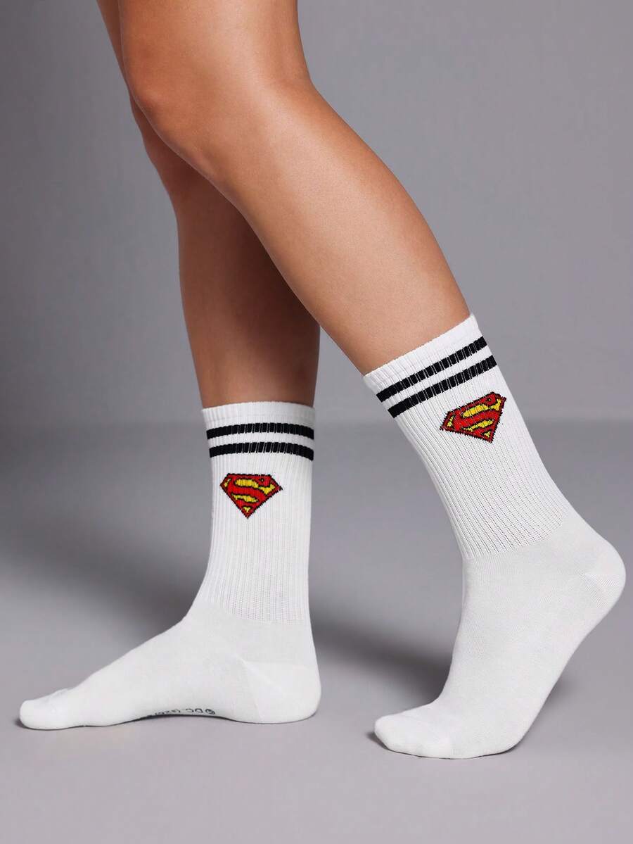 SUPERMAN X SHEIN 1 Pair Of Striped Tube Socks - White - View 1