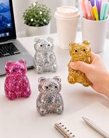 1pc Gold Glitter Bear Squeeze Figure With Clear Jelly Texture, Shimmer Filled Animal Shape In Yellow Striped Window Box, Soft Handheld Squishy Ornament For Desk Decor And Shelf Display - Multicolor - View 1