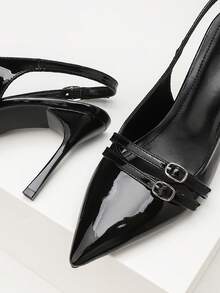 CUCCOO SZL Women's Shoes Fashion PU Material Pointed Stiletto High Heels, Double Strap Simple Glossy Design, Suitable For Commuting Parties - Black - View 5