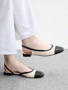 CUCCOO BIZCHIC Women Shoes Small Square Toe Thick Heel Flat Bottom Beige Building Color Comfortable And Simple Commuting Women's Flat Sole Shoes Slingback Shoes - Beige 98 #~ - View 3