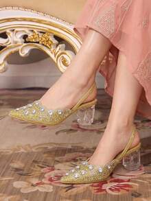 CUCCOO TILAWA Women's Crystal And Glass Rhinestone Pointed Golden High-Heeled Shoes, Suitable For Going Out, Banquets, Parties And Other Activities Fall Shoes - yellow gold - View 2