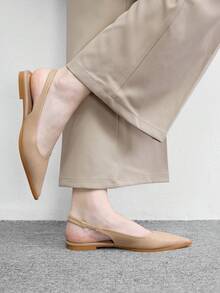 CUCCOO BIZCHIC 女款杏色尖頭簡約平底後扣slingback女鞋，輕量舒適百搭通勤平底鞋 - 杏色PU - 查看 5