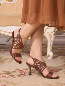 CUCCOO TILAWA Coffee Brown Satin Hollow Rhinestone Stiletto Sandals, Women's Light Luxury Rear Strap Buckle Open-Toed High Heels - Coffee Brown - View 7