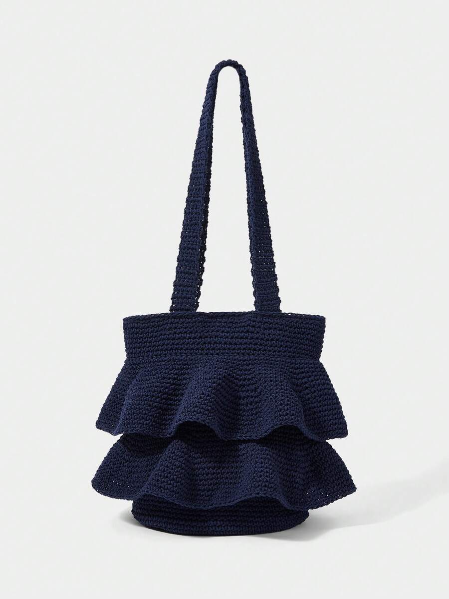 SHECARRY Women's Fashion Ruffle Shoulder Bag, Dark Blue Woven Tote Bag For Dating, Shopping, Vacation, Bohemian - Navy Blue - View 1