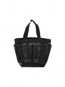 Zazumi 1pc Matte Black Mesh Shower Caddy Tote With Multi Separate Outer Pocket Compartments For Home Bathroom Organization Featuring Quick-Drain Breathable Grid Mesh Structure As Practical Storage Solution For Urban Career Women & Travel Enthusiasts - Multicolor - View 8
