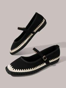 Styleloop Women's Retro Embroidered Flannel Pull-Up Belt Flat-Soled Shoes - Black - View 5