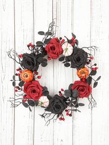1pc Black Halloween Wreath With Twig Pine Needle & Pumpkin Decor, Gothic Door Hanging Circle For Party Halloween, Fall Front Porch Home Decoration - multicolor - View 6