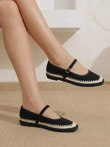 Styleloop Women's Retro Embroidered Flannel Pull-Up Belt Flat-Soled Shoes - Black - View 6