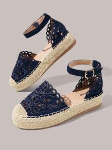 Styleloop Ladies Flat Bottom Round Toe Electric Embroidery Flower Hemp Rope Beach Leisure Holiday Sandals Summer Shoes Fall Shoes - Navy Blue - View 3