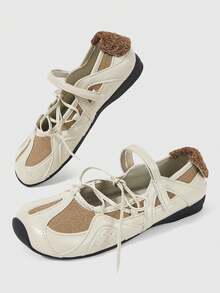 ROMWE Grunge Punk Ladies Ballet Flats Lace-Up Soft-Sole Loafers Mary Jane Shoes JK Uniform Shoes Platform Heels Back To School Christmas Fall Shoes - Beige belt - View 4