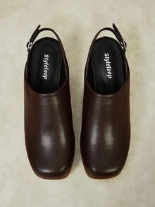 Styleloop 女款戶外方頭 PU 底抓絨面料時尚簡約透氣舒適派對扣飾露跟鞋 - PU 深棕色 - 查看 10