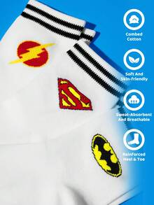 JUSTICE LEAGUE X SHEIN 3雙純棉柔軟透氣吸濕兒童中筒襪，可愛卡通圖案，適合四季穿著 - 黑與白 - 查看 2