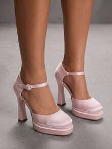 CUCCOO SZL Women's Chunky Heel Platform Ankle Strap Evening Party Date Thick Sole High Heel Pumps - Baby Pink - View 5