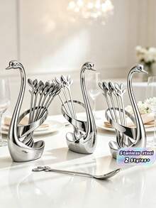 1 Set Of Swan-Shaped Tableware, Including 6/12 Fruit Spoons, Stainless Steel Dessert Spoons And Coffee Spoons, Equipped With A Swan-Shaped Storage Base. Easy To Clean, Durable With A Comfortable Grip, Suitable For Kitchens, Hotels And Cafes. - Silver - View 1