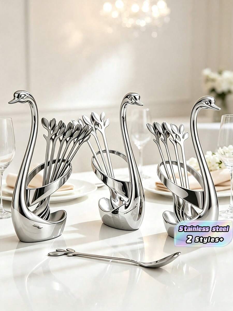 1 Set Of Swan-Shaped Tableware, Including 6/12 Fruit Spoons, Stainless Steel Dessert Spoons And Coffee Spoons, Equipped With A Swan-Shaped Storage Base. Easy To Clean, Durable With A Comfortable Grip, Suitable For Kitchens, Hotels And Cafes. - Silver - View 1