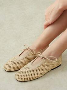 Styleloop Ladies PP Straw Upper, Bow, Decoration, Flat Shoes - Apricot - View 8
