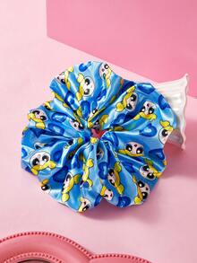 THE POWERPUFF GIRLS X SHEIN 單包裝可愛時尚亮面緞面柔軟大碼大腸圈卡通印花髮圈，適合居家或外出使用，高馬尾 - 藍色 - 查看 2