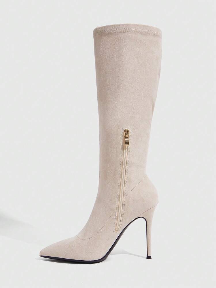 CUCCOO SZL Beige Elastic Fabric Pointed Toe Stiletto High Shaft Boots For Women, Slimming Knee-High Elastic Boots For Autumn/Winter, Versatile Commuter Style - Off-white - View 4
