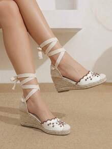 Styleloop Ladies, Rubber Band Cross Strap, Straw Rope, Sandals, High Heels. Fall Shoes - Beige - View 2