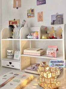 1PC Wood Plastic Composite Multifunctional Desktop Storage Rack Space Saving Cosmetic Organizer Book Pen Holder Display Shelf White Bedroom Living Room Office Dorm Desk Organization For Perfume Lipstick Figure Calendar Mask - White - View 1
