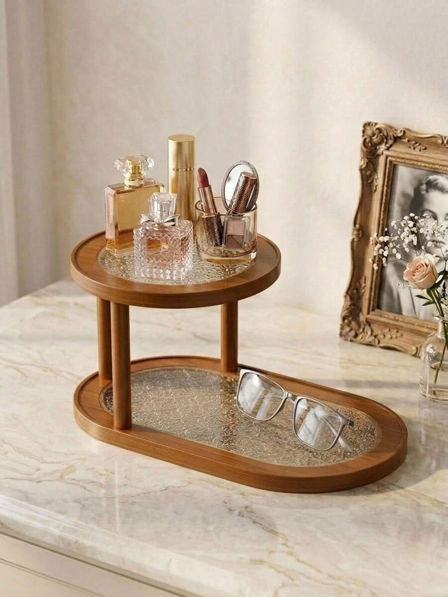 Cirelle 2-Tier Wooden Vanity Tray Organizer, Retro Countertop Perfume & Makeup Organizer Storage Display Rack, Decorative Oval Tabletop Catchall Stand For Bedroom, Dresser, Bathroom, Entryway - Multicolor - View 1
