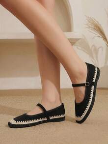 Styleloop Women's Retro Embroidered Flannel Pull-Up Belt Flat-Soled Shoes - Black - View 8