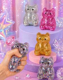 1pc Purple Glitter Bear Squeeze Figure With Transparent Jelly Finish, Colorful Sparkle Filled Animal Shape In Purple Window Box, Soft Handheld Ornament For Desk Decor And Shelf Display - Multicolor - View 2