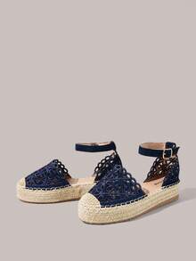 Styleloop Ladies Flat Bottom Round Toe Electric Embroidery Flower Hemp Rope Beach Leisure Holiday Sandals Summer Shoes Fall Shoes - Navy Blue - View 9