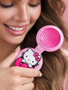 HELLO KITTY AND FRIENDS | SHEIN Round Foldable Air Cushion Hair Brush With PVC Cartoon Patch, Built-In Compact Mirror, Soft Massage Bristles, Portable 2-In-1 Cosmetic Comb For Girls Daily Travel Use - Pink - View 4