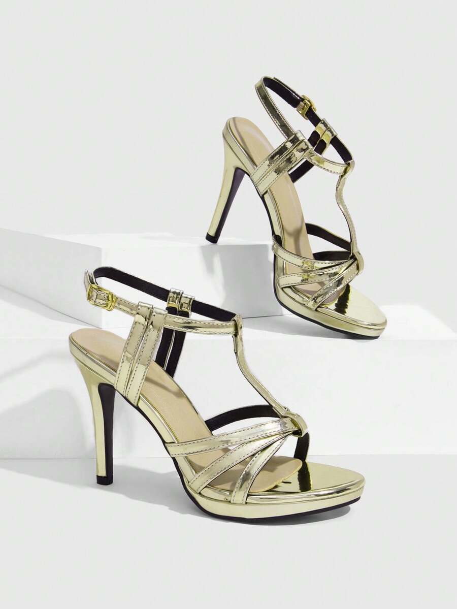 CUCCOO SZL Women's Fashion Gold Waterproof Table Round Toe Thin Heel High Heel Sandals - Gold - View 1