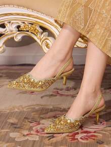 CUCCOO TILAWA Women's Fashion Electroplating And Glass Rhinestone Pointed Women's High-Heeled Shoes, Suitable For Going Out, Banquets, Parties And Other Activities Fall Shoes - Gold - View 2