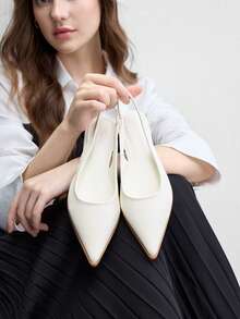 CUCCOO BIZCHIC 女款平底尖頭簡約米色後扣slingback女鞋，日常百搭輕量舒適通勤上班鞋 C - 米白色PU - 查看 1