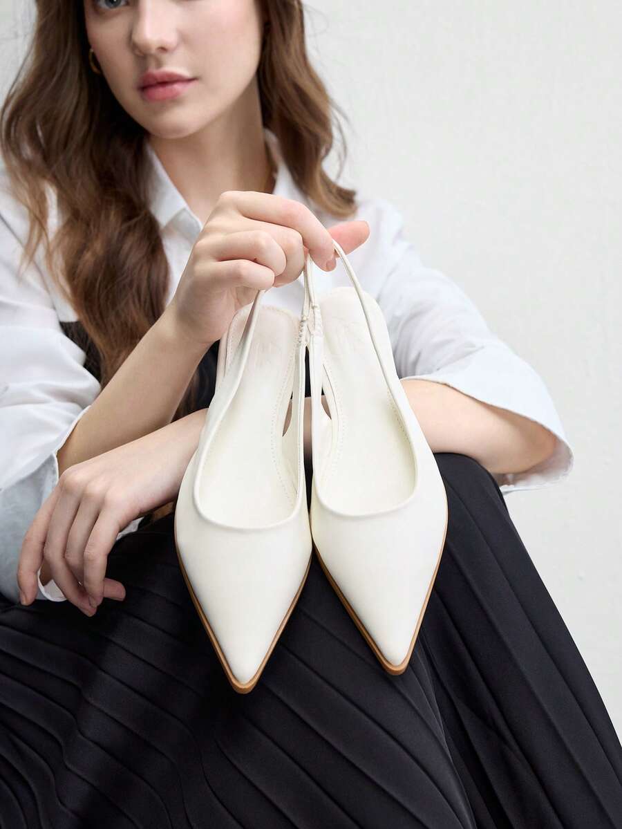 CUCCOO BIZCHIC 女款平底尖頭簡約米色後扣slingback女鞋,日常百搭輕量舒適通勤上班鞋 C - 米白色PU - 查看 1