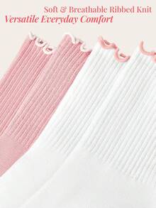 Aralina Pilates Princess Aesthetic: Retro Striped Ribbed Knit Socks With Cute Heart Non-Slip Grips, Leisurewear Active 2pk Contrast Lettice Ruffle Edge With Printed Non Slip Logo On Sole Yoga Pilates Gym Workout Two Pieces - Pink + white - View 4