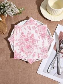 20 Pcs/Set,Blue/Pink/Green, Retro Floral Printed Disposable Napkins. 13*13 Inch Double-Layer Plant Paper Napkins. Suitable For Birthday, Wedding, Tea Party, Hotel Decoration Napkins - Multicolor - View 3