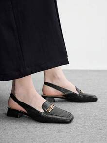 CUCCOO BIZCHIC 女款方頭低跟黑色壓紋後束帶金屬鍊條露跟鞋，適合通勤、戶外、購物等多用途穿搭 - 黑色6 - 查看 4
