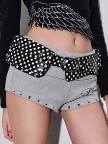 ROMWE Grunge Punk Y2K 龐克風波點金屬鉚釘穿孔多口袋可調節金屬扣女款腰包，適合音樂節 - 黑色波點 - 查看 3
