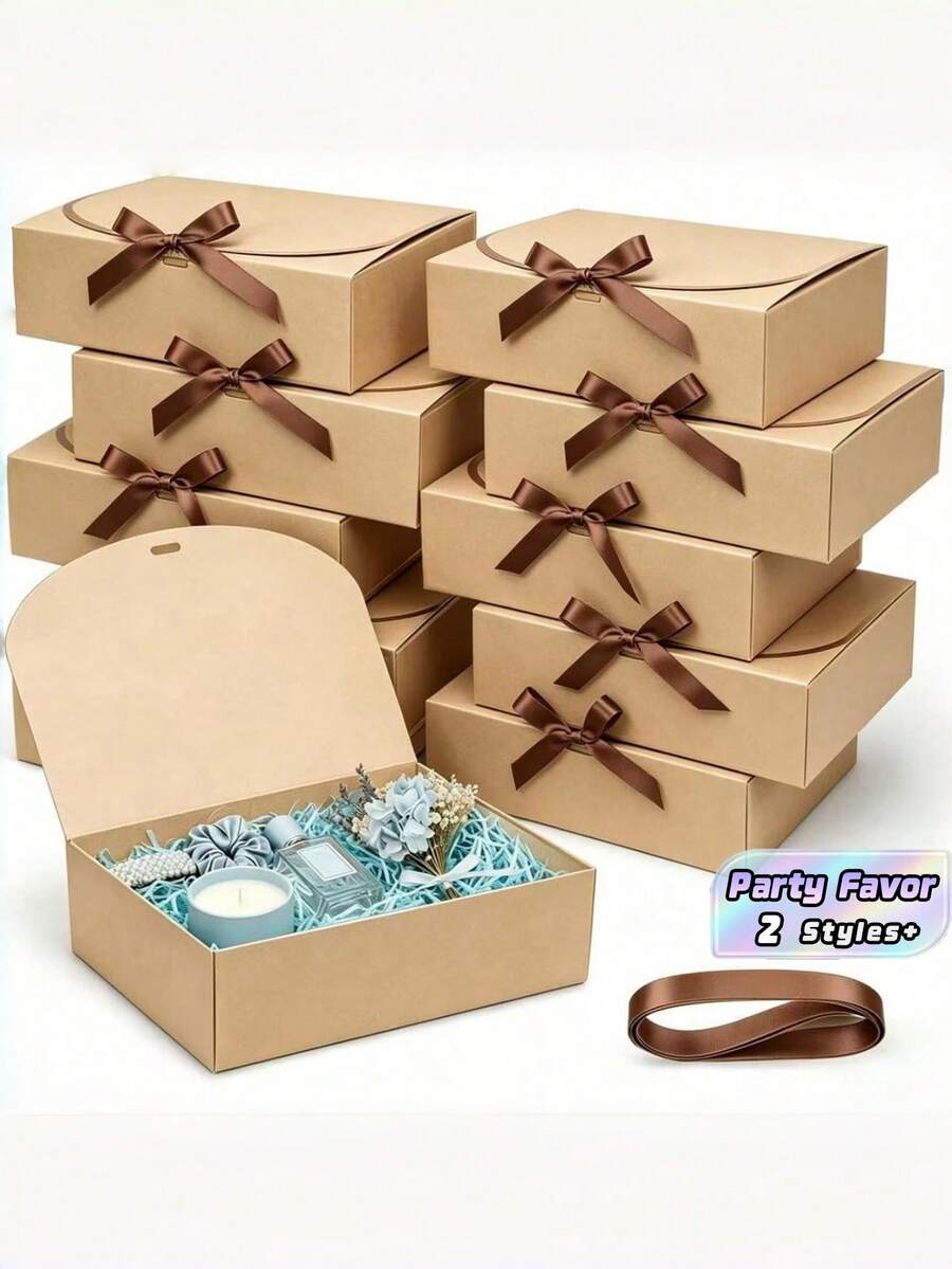10 Pcs Brown Gift Box Set With Lid Ribbon For Bridesmaid Wedding Birthday Party Valentine Favor Must Have Packaging Supply - Khaki - View 1
