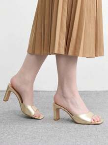 CUCCOO BIZCHIC Sandal Wanita Model Sederhana Ujung Persegi dengan Hak Sedang dan Model Terusan, Model Selop - Logam emas - View 6