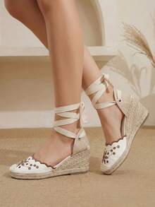 Styleloop Ladies, Rubber Band Cross Strap, Straw Rope, Sandals, High Heels. Fall Shoes - Beige - View 4