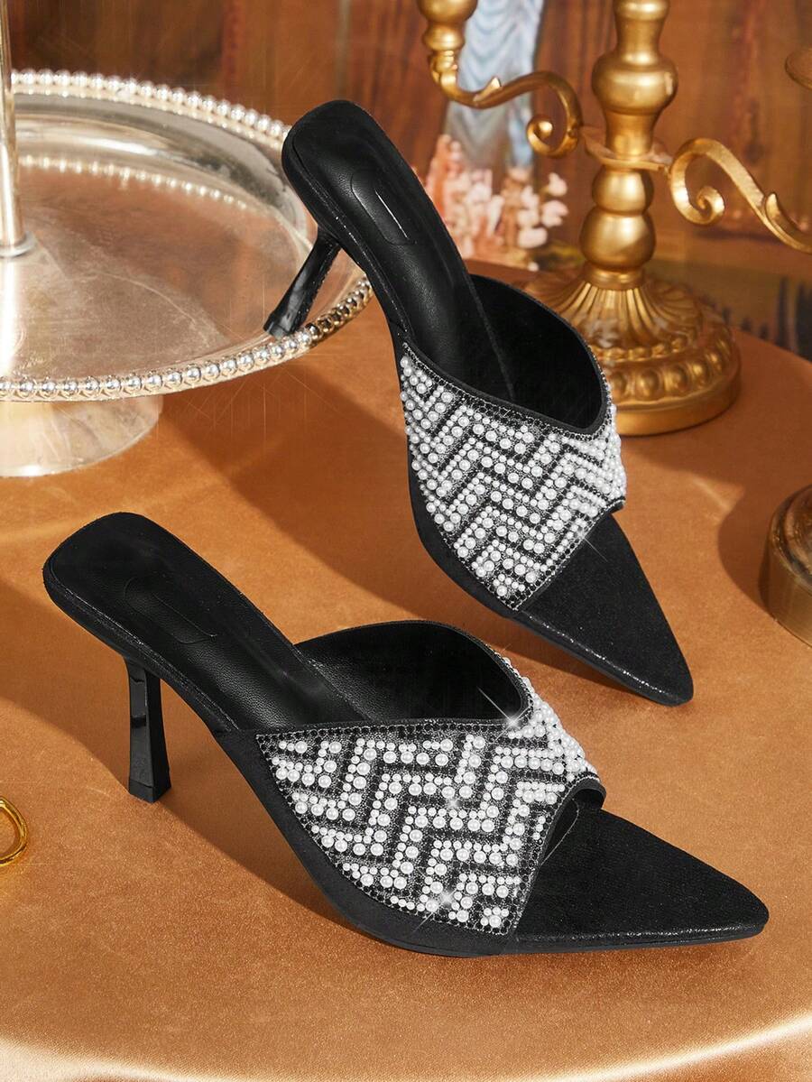 CUCCOO TILAWA Silver Pearl Scalloped High-Heeled Sandals, Ladies' Party Style Open-Toed Stilettos - Black - View 1